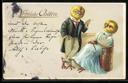 AK Osterkükenpaar in Kleidung in einem Gespräch