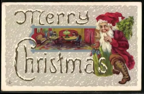 AK Weihnachtsmann mit Tannenbaum und Sack, Kinder beim Schreiben ihrer Wunschlisten
