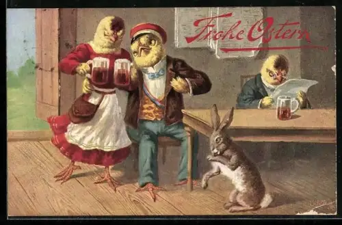 AK Vermenschlichte Osterküken mit Bier, Osterhase leckt sich die Pfote