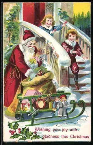 Präge-AK Zwei Kinder laufen freudig die Treppe herunter zum Weihnachtsmann