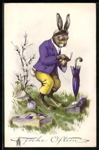 AK Osterhase mit Kopfhörern macht sich Notizen
