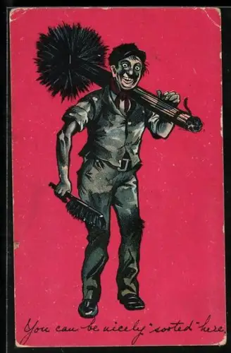 AK Russbedeckter Schornsteinfeger auf rotem Hintergrund