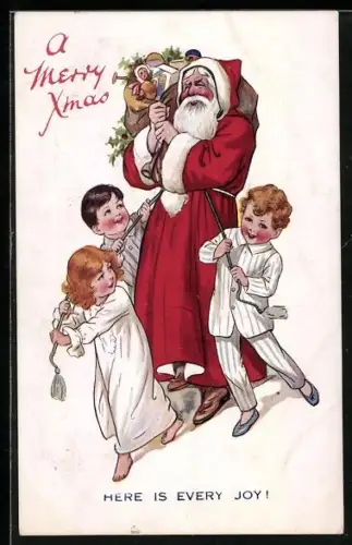 AK A Merry Xmas, Drei Kinder in Schlafanzügen mit dem Weihnachtsmann