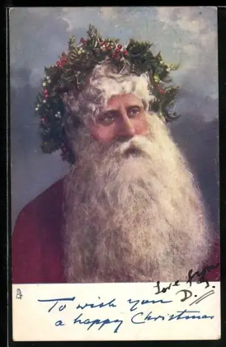AK Weihnachtsmann mit Kranz aus Stechpalme