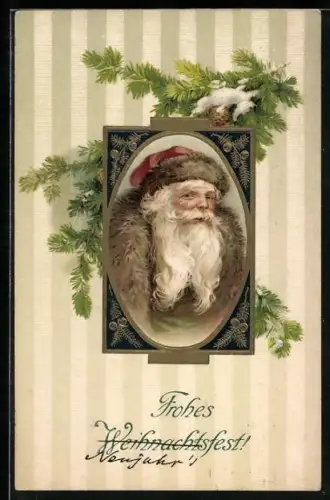 Präge-AK Portrait vom Weihnachtsmann mit Tannenzweigen