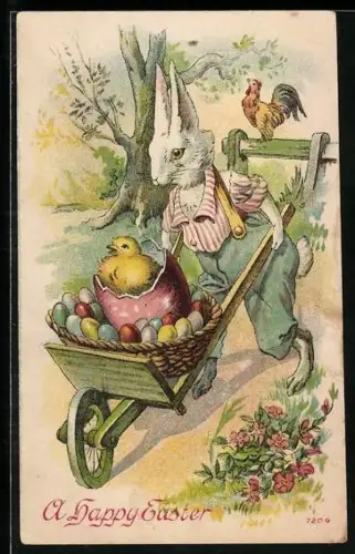 AK Osterhase schiebt einen Karren mit Osterküken und Ostereiern