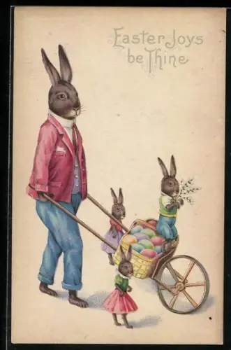 Künstler-AK Osterhase, Vater schiebt Schubkarre voll bunter Eier