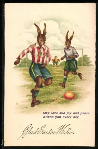 AK Osterhasen spielen Fussball mit einem Osterei