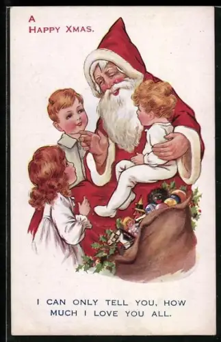 AK Weihnachtsmann mit drei Kindern und einem Sack voller Geschenke