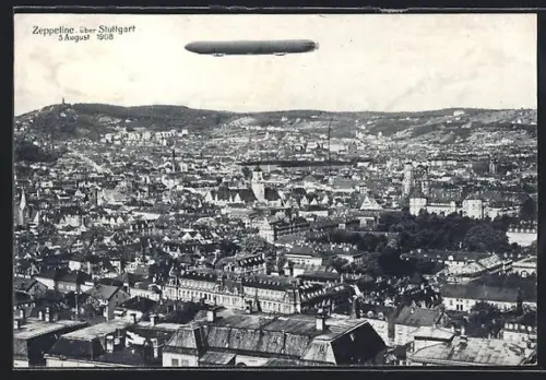 AK Stuttgart, Aufnahme des Zeppelin-Luftschiffes am 5. August 1908 über der Stadt