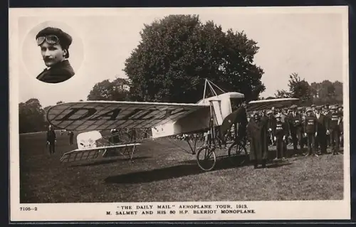 AK The Daily Mail Aeroplane Tour 1913, M. Salmet and his 80 H.P. Bleriot Monoplane, Flugzeug