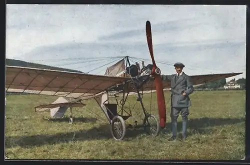 AK Grade-Eindecker-Flugzeug auf Flugfeld, Pilot Roever nebem dem Flugzeug