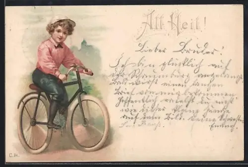 AK Junge fährt mit seinem Fahrrad, Gruss der Fahrradfahrer