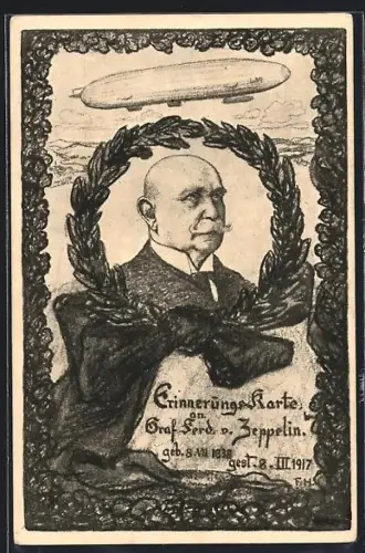 Künstler-AK Graf Ferd. v. Zepplin und Luftschiff, Erinnerungskarte
