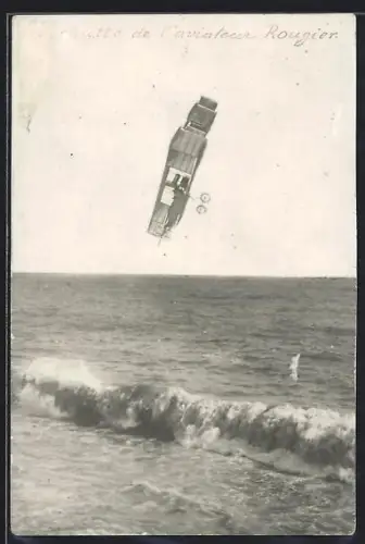 Foto-AK Doppeldecker-Flugzeug bei Kunstflugmanöver über dem Meer, pilot Rougier