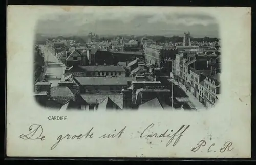 Mondschein-AK Cardiff, Panorama mit Strassenpartie