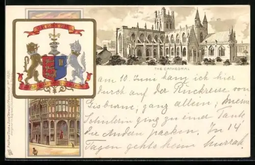 Lithographie Chester, The Cathedral and Coat of Arms