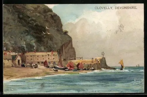 AK Clovelly, Ort mit Hafen vom Wasser aus