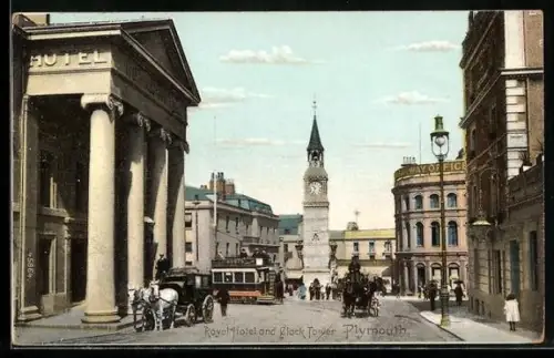 AK Plymouth, Royal Hotel and Clock Tower, Strassenbahn