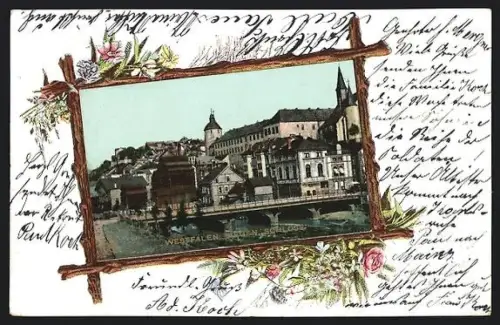 AK Siegen /Westfalen, Blick aufs Schloss und umliegende Gebäude, Passepartout mit Blumen geschmückt