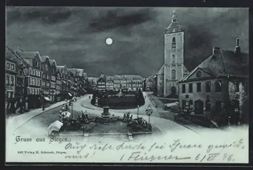 Mondschein-AK Siegen, Partie am Marktplatz mit Denkmal und Kirche