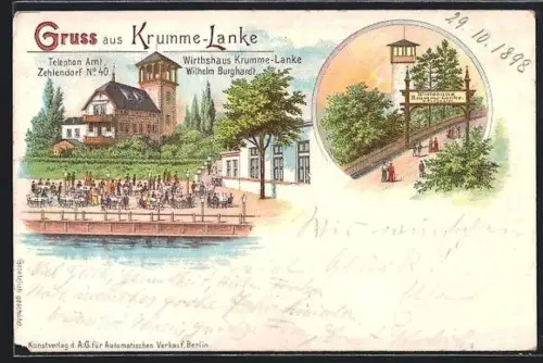 Lithographie Berlin-Krumme-Lanke, Wirtshaus Krumme-Lanke, Wilhelm Burghardt, Wegpartie zum Eingang