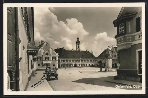AK Geisenfeld /Obb, Ortspartie mit Denkmal und Gasthof Klosterbräu
