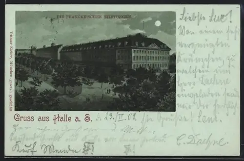 Mondschein-Lithographie Halle a. S., Francke`sche Stiftungen mit Parkanlage
