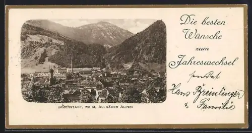 Mini-AK Immenstadt, Blick über den Ort mit Fabrik und Kirche, Neujahrsgruss