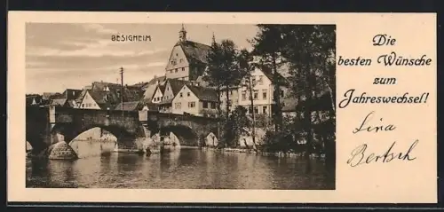 Mini-AK Besigheim, Partie an der Steinbrücke, Neujahrsgruss