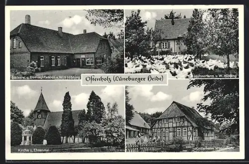 AK Ostenholz /Lüneburger Heide, Bäckerei und Hühnerfarm von Willi Hibbing, Kirche und Ehrenmal