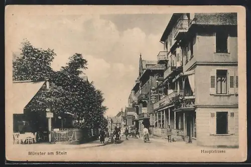 AK Münster am Stein, Partie an der Hauptstrasse mit Hotel Kaiserhof