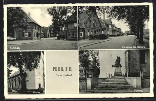 AK Milte b. Warendorf, Partie an der Molkerei, Dorfstrasse, Kirche und Denkmal