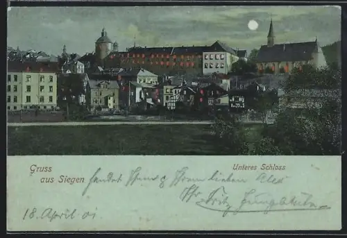 AK Siegen, Partie am Unteren Schloss bei Nacht