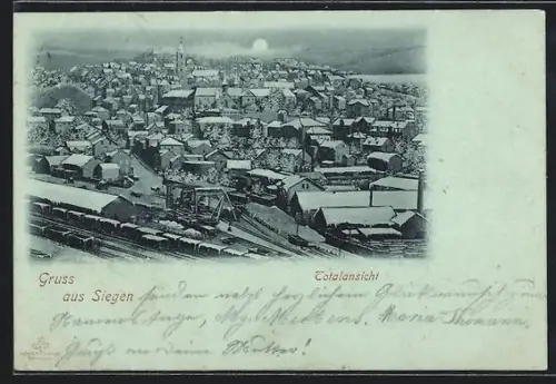 Mondschein-AK Siegen, Totalansicht der schneebedeckten Stadt