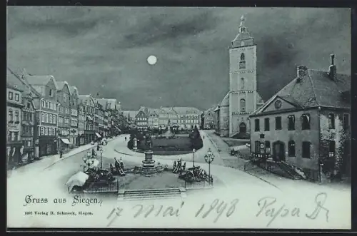 Mondschein-AK Siegen, Partie am Marktplatz mit Kirche