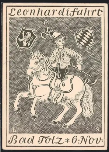 Künstler-AK Bad Tölz, Reiter mit Pferd, Leonhardifahrt