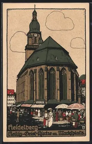 Steindruck-AK Heidelberg / Neckar, Heilig-Geist-Kirche mit Marktplatz