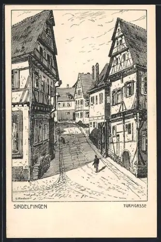 Künstler-AK sign. G. Markert: Sindelfingen, Blick in die Turmgasse, Strasse