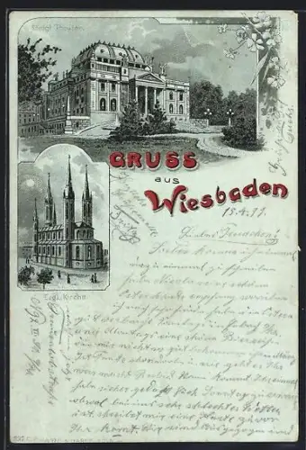 Lithographie Wiesbaden, Kgl. Theater und Evang. Kirche