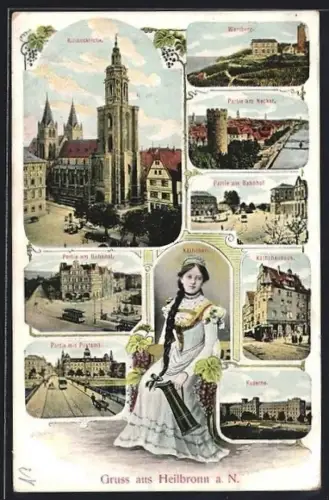 AK Heilbronn, Kilianskirche, Wartberg, Partie am Bahnhof, Strassenbahn, Partie mit Postamt, Kaserne, Kätchen