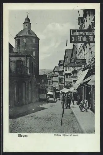 AK Siegen, Partie an der Unteren Kölnerstrasse mit Lederwarengeschäft von Richard Bender