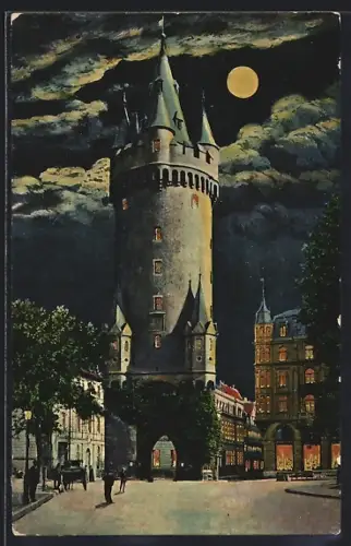 Goldfenster-AK Frankfurt a. M., Partie am Eschenheimer Tor bei Nacht