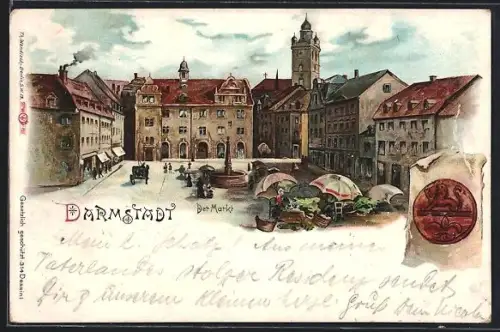 Lithographie Darmstadt, Der Markt, Ortsansicht mit Brunnen u. Marktständen, Siegel