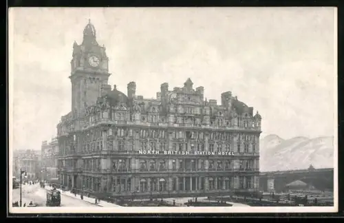 AK Edinburgh, North British Station Hotel, Strassenbahn