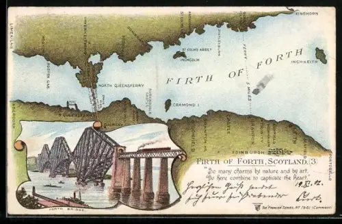 Lithographie Edinburgh, Map with Firth of Forth, North Queensferry and St. Colms Abbey