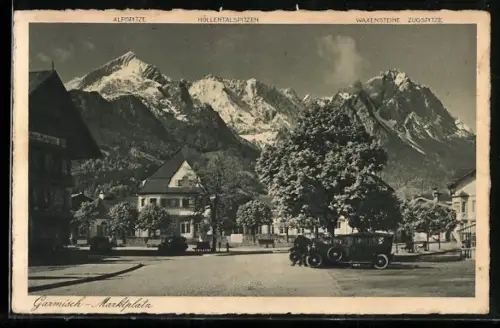 AK Garmisch, Marktplatz mit Alpspitze, Höllentalspitzen, Waxensteine, Zugspitze