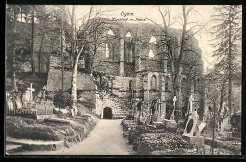 AK Oybin, Kirchhof mit Ruine