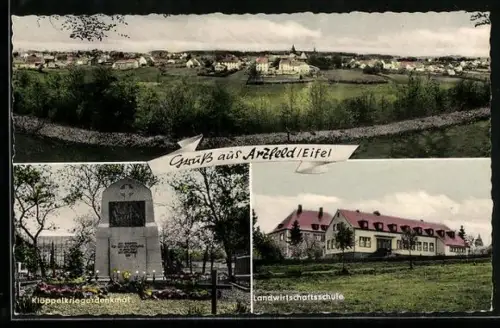 AK Arzfeld /Eifel, Panorama, Klöppelkriegerdenkmal, Landwirtschaftsschule