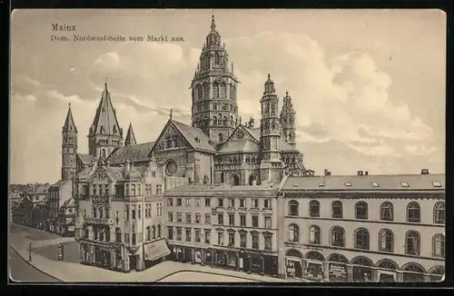 AK Mainz, Dom, Nordwest-Seite vom Markt aus